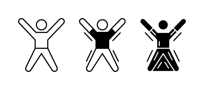 Jumping Jack Icon Set: Three Styles of Fitness Figure, Exercise Motion, and Activity Symbols