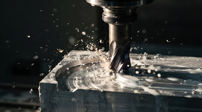 Industrial cnc milling machine cutting metal with coolant spray precision