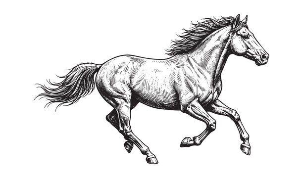 Galloping Wild Mustang Horse, Detailed Vintage Desert Wilderness Woodcut Landscape