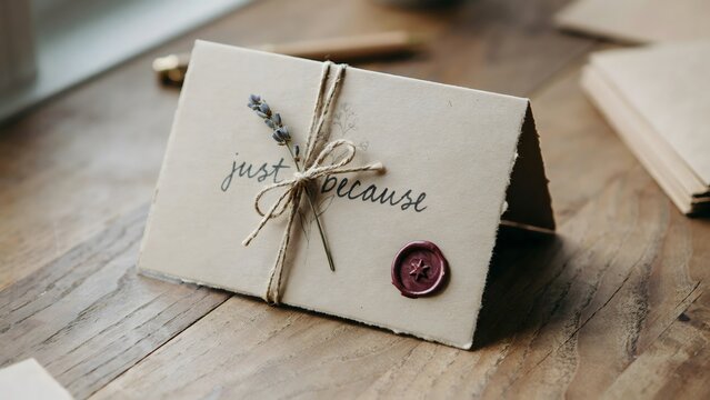 Vintage handmade greeting card with just because calligraphy, rustic stationery with wax seal and lavender, elegant paper craft on wooden background