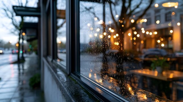 Raindrops streak down a glass window overlooking a wet city street at dusk with warm bokeh lights from an indoor cafe