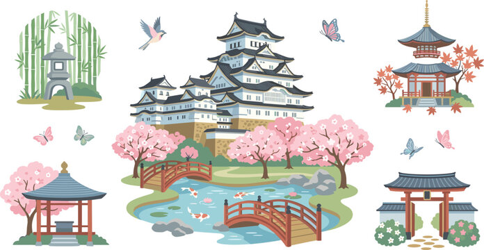 Japanese traditional castle and temple architecture vector set with cherry blossoms pagoda torii gate and koi pond landmarks