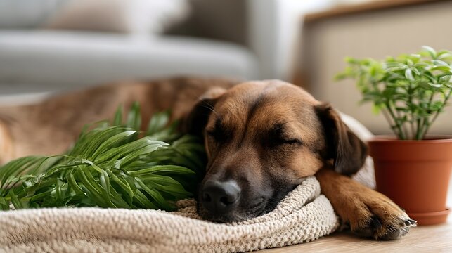 A brown dog rests peacefully on a textured blanket next to green houseplants indoors under soft natural light