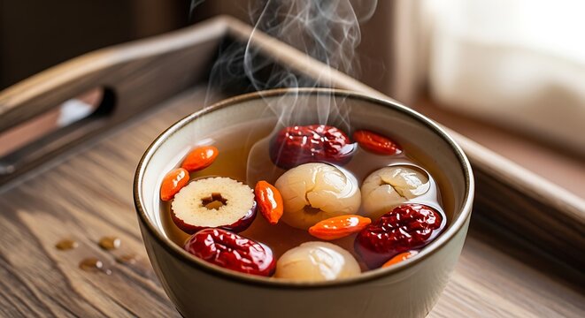 Traditional Asian Herbal Tea with Jujube and Longan Fruits.