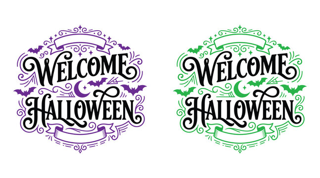 Welcome halloween hand lettered typography with bats and crescent moon vector illustration
