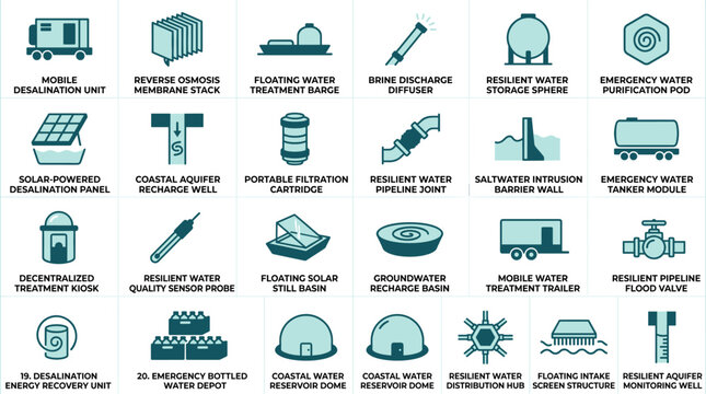 Water Desalination and Treatment Infrastructure Icon Set