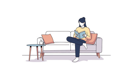 Fototapeta premium Woman relaxing on sofa reading a book in a cozy living room setting.