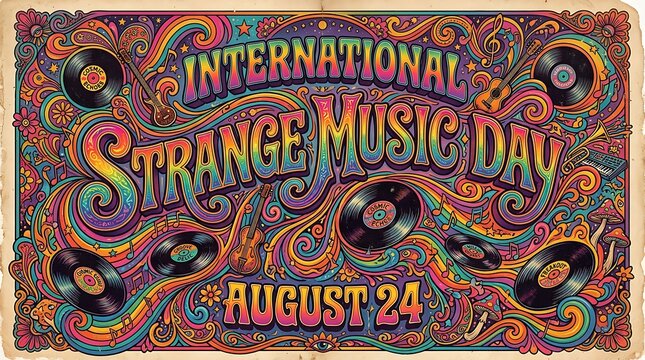 Vibrant Psychedelic Poster Celebrating Unique Musical Expression on International Strange Music Day in August