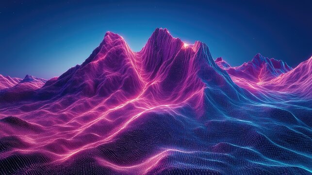 Digital landscape with glowing mountains, evoking a sense of futuristic exploration and wonder