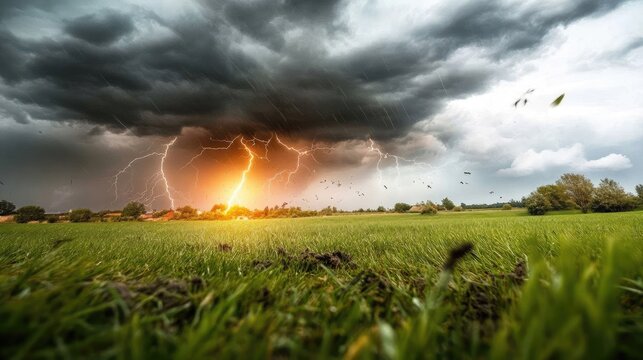 Dark storm clouds gather over green field with lightning striking near trees