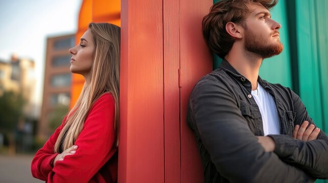Emotional distance between couple illustrated by back-to-back stance symbolizing strained