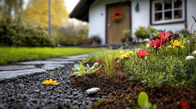Enchanting cottage garden path with vibrant blooms and a charming house backdrop evoking tranquility