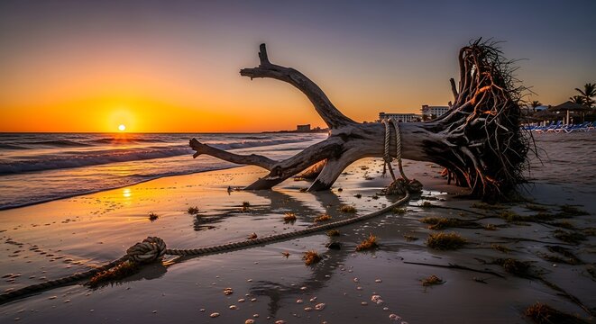 Sunset Over Beach With Driftwood And Ocean Waves.