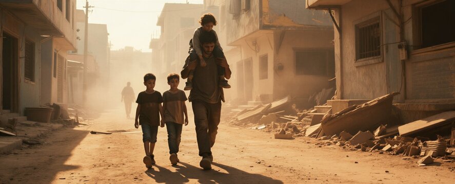 Father carries child on shoulders walking through dusty destroyed city street with two other kids. Family flees danger seeking safety and hope in rubble.