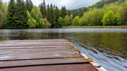 Obraz premium Idyllic lakeside scene with an aged wooden pier overlooking still waters and lush green forest