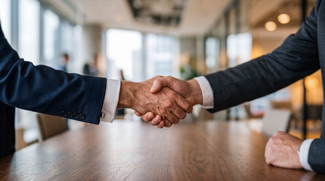 Professional business handshake between two men, signifying agreement and partnership in a corporate meeting.