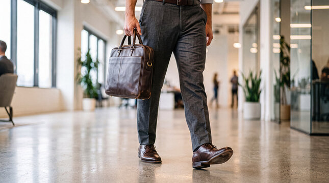 Dedicated businessman navigating a modern office environment, holding a sleek brown leather briefcase with purpose.