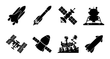 Space Exploration Icons: Rocket, Shuttle, Satellite, Lander, Rover, ISS, Capsule, Spaceship Vector Set © Mina