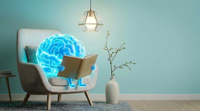3D glowing blue brain character sitting on an armchair reading a book under a warm lamp. Concept of continuous learning, education, and cognitive mental development.