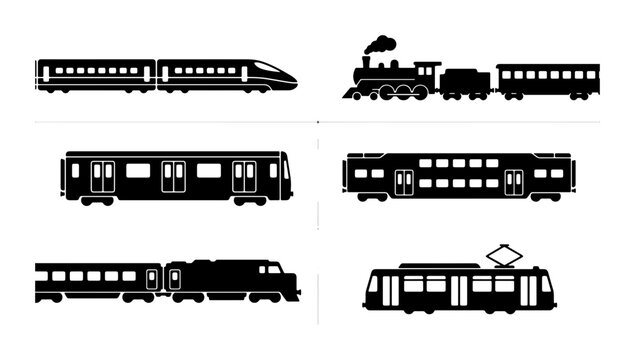Diverse Train Collection, Modern Bullet Train, Vintage Steam Locomotive, Subway Car, Double Decker Train, Electric Tram, Vector Icons for Transportation and Travel