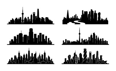 Fototapeta premium Black Silhouette Cityscapes, Urban Skylines Collection, Modern Architecture Vector Graphics, Downtown City Views, Business District Silhouettes, Metropolitan Panorama