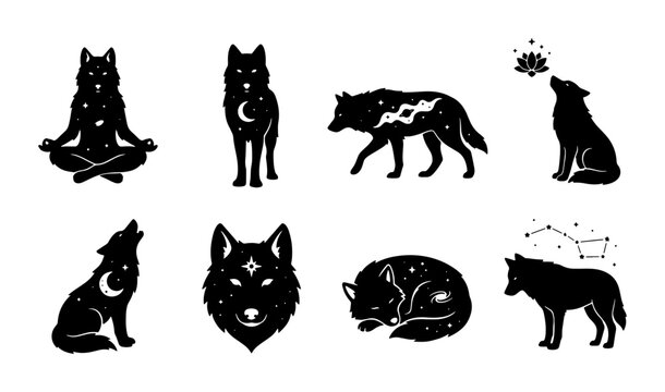 Mystical Wolf Silhouettes Collection, Celestial Animal Graphics, Yoga Pose Wolf, Howling Wolf with Moon, Constellation Wolf Art, Cosmic Wildlife Vector Set