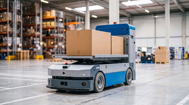 Autonomous mobile robot carrying cardboard boxes in a large, modern warehouse for efficient logistics.