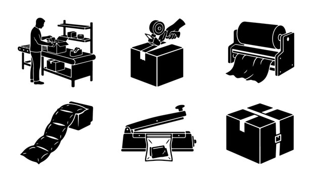 Packaging Industry Icons Set: Shipping, Sealing, and Warehousing Vector Graphics for Logistics and E-commerce