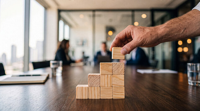 Human hand adding a block to a wooden stack, symbolizing progressive business growth, steady progress.