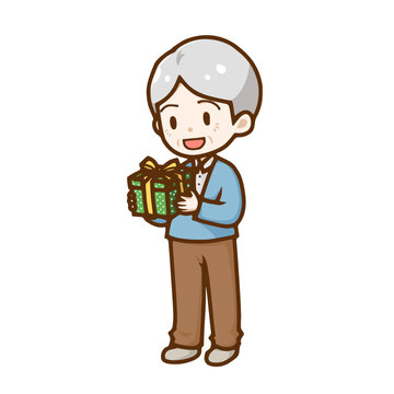 プレゼントを持って笑顔のおじいさんのイラスト｜贈り物を受け取るシニア男性のデフォルメ人物素材