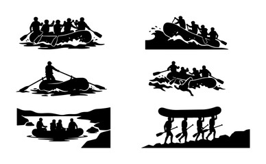 Rafting Adventure Silhouettes, White Water Rafting Team, River Expedition Vector Icons, Extreme Sports Action Scenes © Sathi