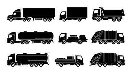Collection of Black Truck Silhouettes: Semi-Trailer, Dump Truck, Tanker, Flatbed, Garbage Truck Icons for Logistics and Transport Design © Riaz