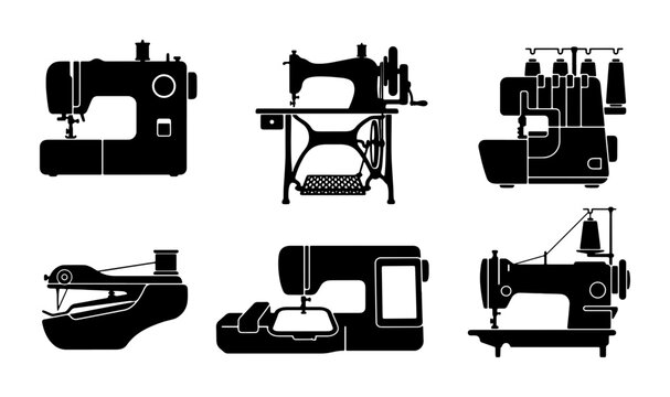 Vintage and Modern Sewing Machine Silhouettes, Set of 6 Retro and Contemporary Machines, Crafting and Tailoring Equipment Icons
