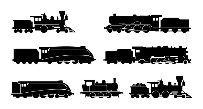 Vintage Steam Train Silhouettes, Classic Locomotive Collection, Retro Railway Engines, Historical Transportation Vector Icons