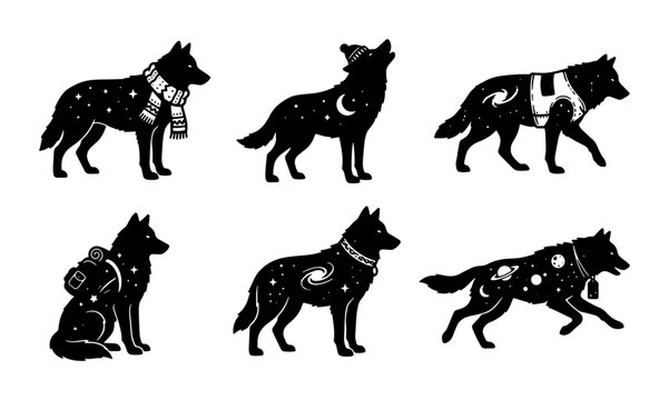 Cosmic Wolf Silhouettes Collection, Celestial Canine Vector Art, Night Sky Animal Graphics, Mystical Wolf Illustrations, Starry Night Creatures