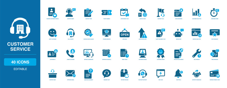 Customer Service Solid Icon Set with alert bell, chat support, approved email, call center, customer analytics, headset chat, refund ticket, support dashboard, verified badge and help desk