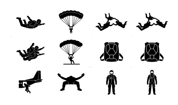 Skydiving Icons Set, Parachute Jumpers, Tandem Freefall, Aircraft Descent, Vector Silhouettes for Extreme Sports and Adventure Graphics