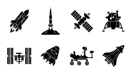 Space Exploration Icons Set: Rocket, Shuttle, Satellite, Lander, Rover, Capsule, Station, Black Silhouettes for Cosmic Projects © Riaz