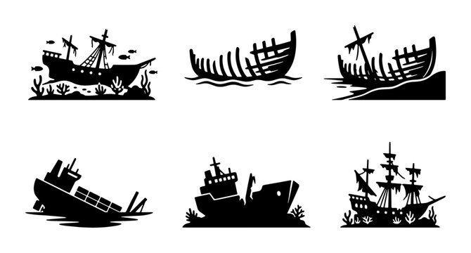 Shipwreck Icons Set, Nautical Disaster Silhouettes, Maritime Salvage Vector Graphics, Ocean Sinking Vessels Collection