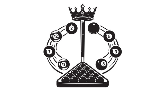 Vintage billiards emblem with pool cue and crown, black and white snooker logo with numbered balls and triangle rack, retro sports club vector