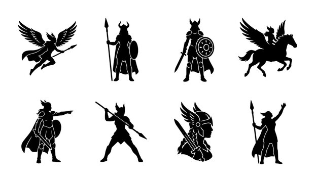 Valkyrie Warrior Silhouettes, Norse Mythology Figures, Winged Angels, Pegasus Rider, Ancient Heroes Collection