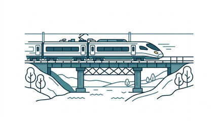 Modern high speed train crossing a bridge over a river. © amel