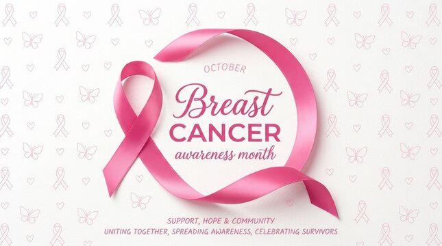 Breast Cancer Awareness Month Pink ribbon breast cancer awareness month graphic with butterfly pattern background for support hope and community message