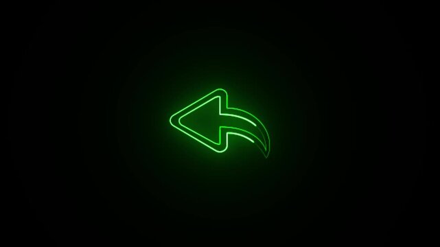 Green neon glowing reply arrow icon flickering on black background with light circular gradient effect
