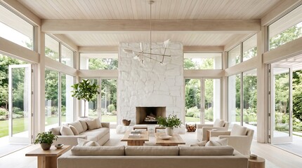 Obraz premium Modern living room interior with white stone fireplace and large windows