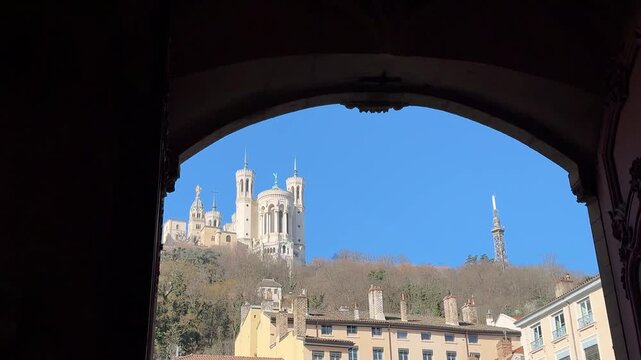 Basilica of Notre Dame of Fourvi&egrave;re Framed by Saint Jean Cathedral Doorway in Lyon