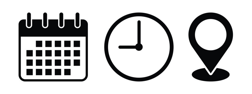 date time location notification icon set. Address, time, calendar icons collection. Clock, Address location and date Calendar symbol