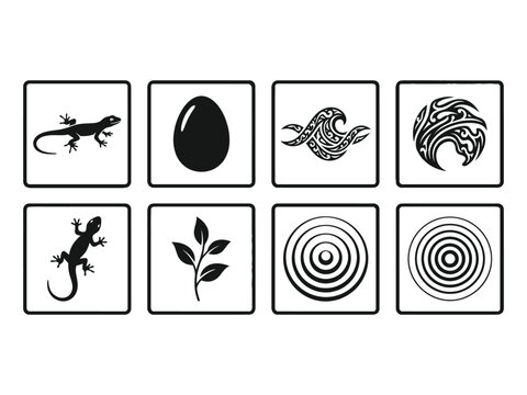 Set of eight black and white icons featuring lizard animal egg plant and abstract geometric shapes