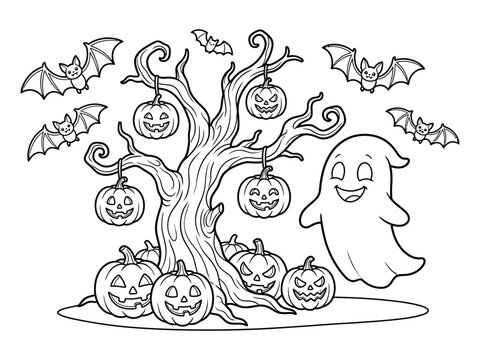 Halloween coloring page for kids with a spooky tree, cute ghost, bats and carved jack o lanterns