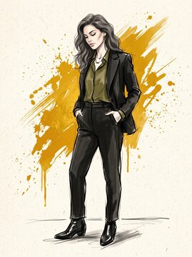 Stylish fashion illustration of smiling brunette woman in black double breasted suit with olive green shirt and loafers, posed confidently against bold golden yellow watercolor paint splash.